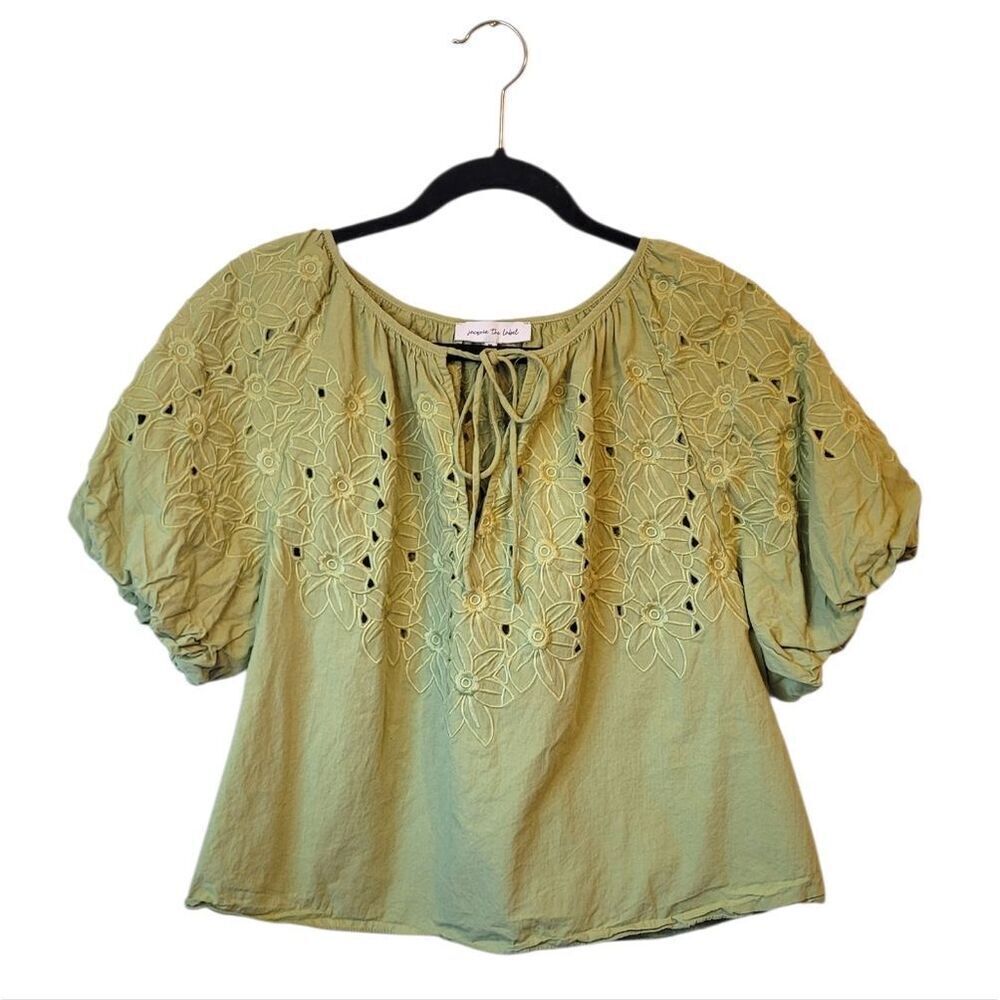 Jacquie The Label Anthro Sage Green Floral Embroidered Puff Sleeve Blouse SZ M